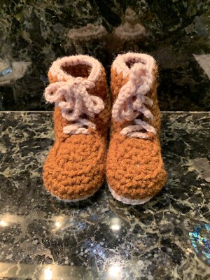 Handmade Crochet Baby Booties Shoes Brown Yarn Tan Yarn Trim & Ties  6-12 mo New