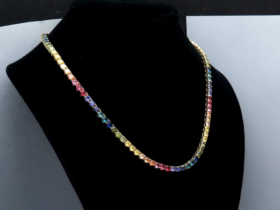 Collar Tenis 25TCW Multicolor Arco Iris Multi Piedras Preciosas Plata de Ley 925 16" Foto 3 de 4