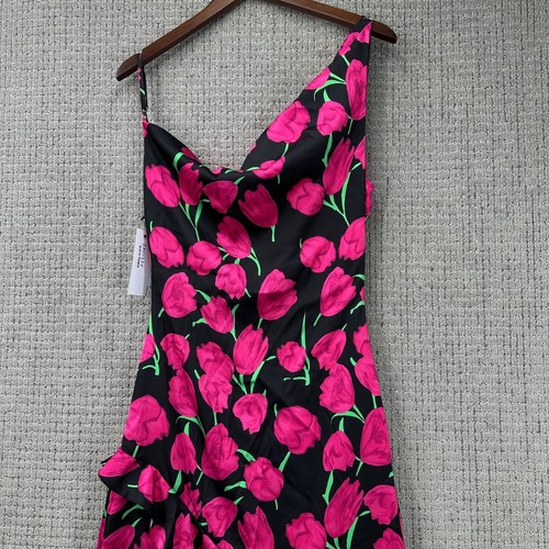 Aakaa Maxi Dress Womens Size M Black Pink Floral One Shoulder Slit Ruffle NWT - Picture 6 of 9