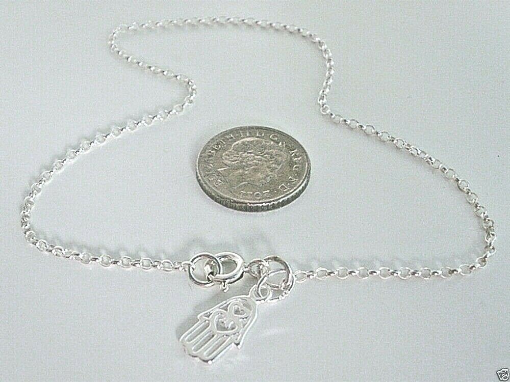 Sterling Silver Hamsa Hand Charm Anklet Adjustable 9-12 Inch Chain-image