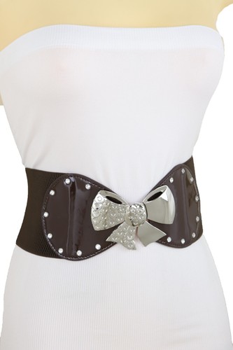 Women Dark Brown Color Wide Apparel Belt Silver Metal Bow Tie Ribbon Buckle S M - Picture 12 of 12