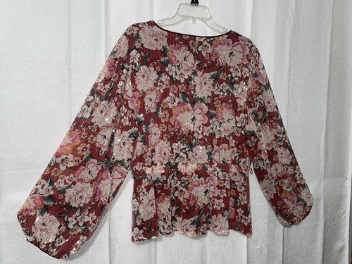 Lauren Conrad Gr. XL ausgefallene romantische Bluse Pailletten Blumen Surplice Schößchen - Bild 17 von 23