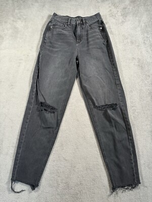 American Eagle Mom Jeans Womens 00 Long Black Paper Bag Distressed High 