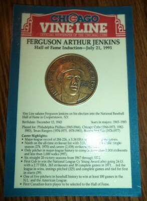 Ferguson Jenkins HOF Induction Chicago Cubs Vine Line Coin on Card 1991