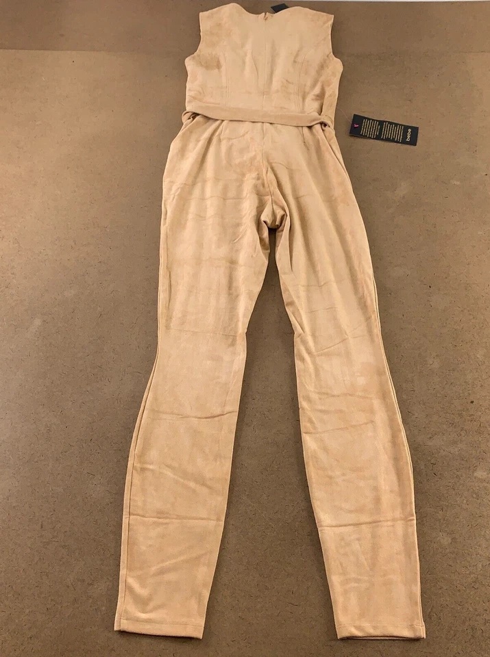 Bebe Women's Small Desert Mist Faux Suede Sleevless V Neck Belted Catsuit NWT - Image 2 of 4