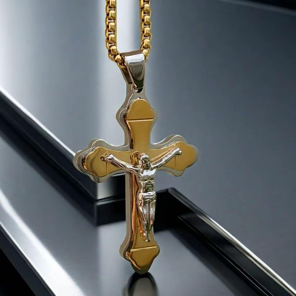 Mens Cross Necklaces, Gold Stainless Steel Cross Pendant Necklace For