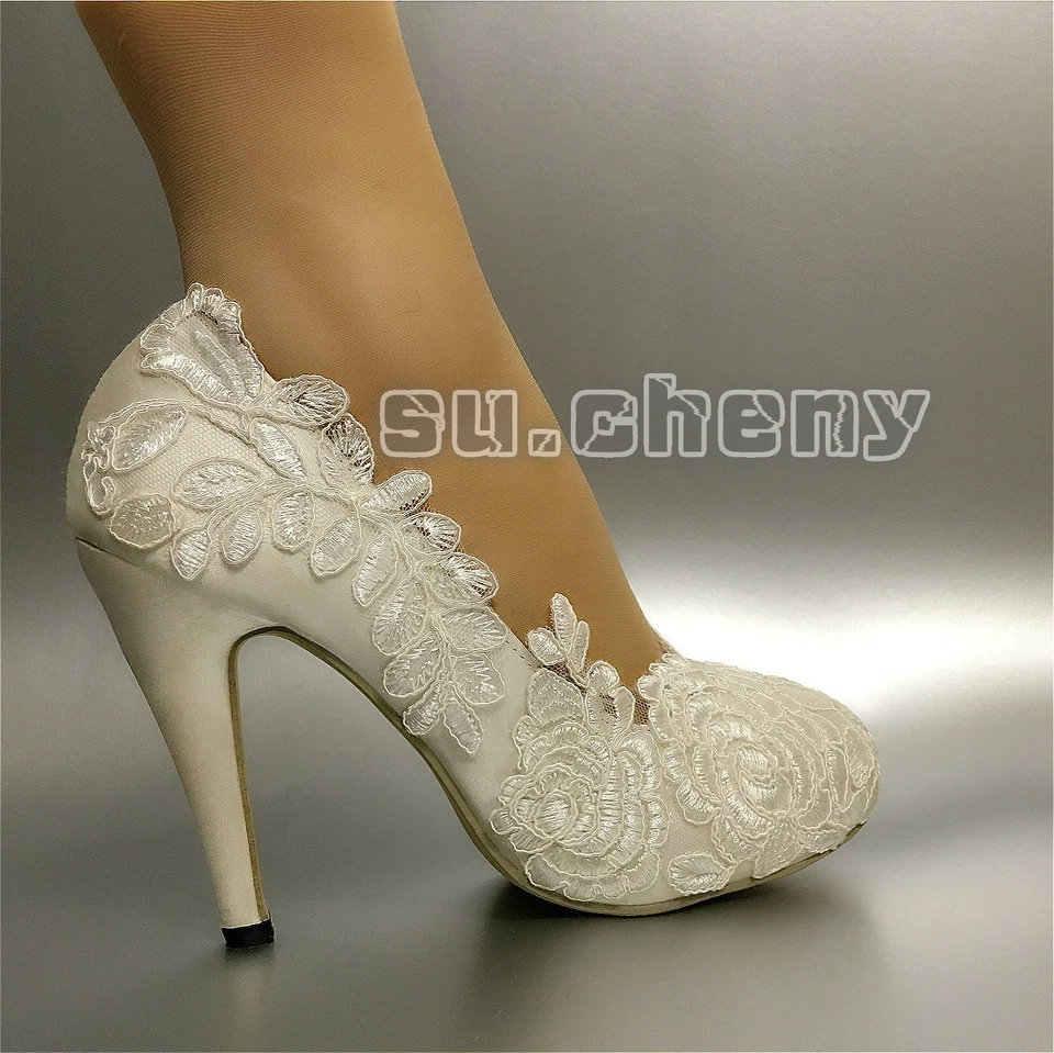 Su.cheny 3” 4” Tacones Blanco Marfil Seda Encaje Puntera Cerrada Bombas Boda Novia Zapatos Foto 2 de 4