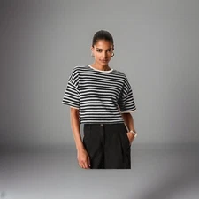 Next Black/White Mono Stripe Short Boxy Crop Heavyweight Crochet Top Tshirt S