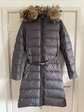 Moncler Long Grey Feather Down Belted Coat With Fur Hood - Size 10