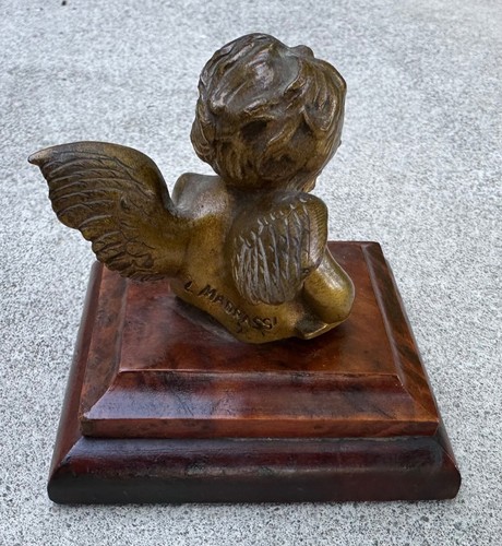Fermacarte busto cherubino bronzo Luca Madrassi XIX secolo su base legno - Foto 23 di 24
