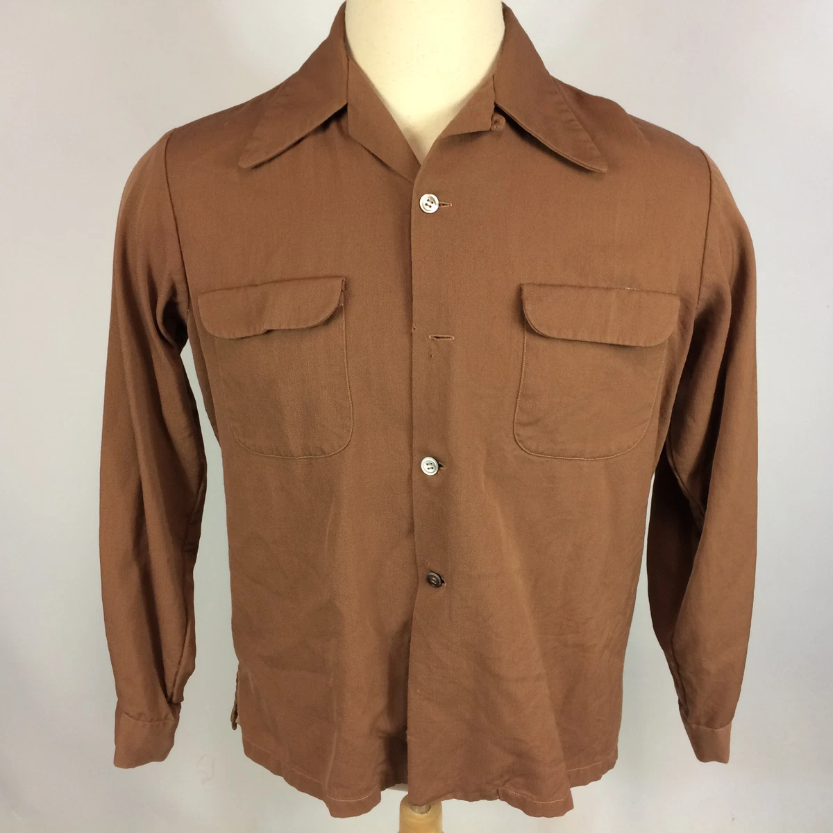 Vintage 30s 40s Rayon Loop Collar Flap Pocket Brown Gabardine Rockabilly  Shirt