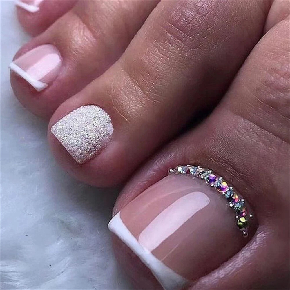 Summer Toe False Nail Sparkly Diamond Short Press on Nails for Nail Art  24pcs