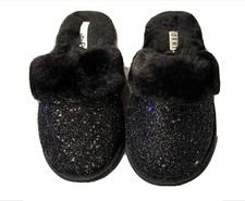 Torrid Slip On Slide Slippers Size 7 Blk Faux Fur Trim Iridescent Sparkle