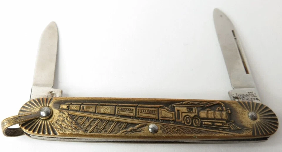 NAVAJA DE BOLSILLO PLEGABLE VINTAGE EE. UU. IMPERIAL LOCOMITIVA TREN DOS HOJAS TONO DORADO Foto 4 de 4