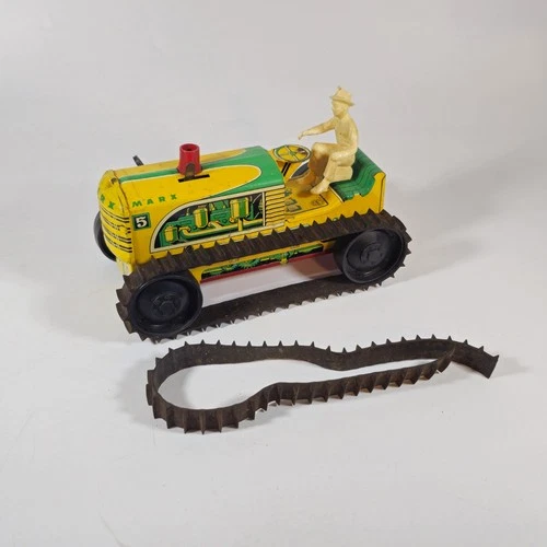 Vintage 50s MARX Windup No. 5 Tin Yellow, Green Climbing Tractor Toy