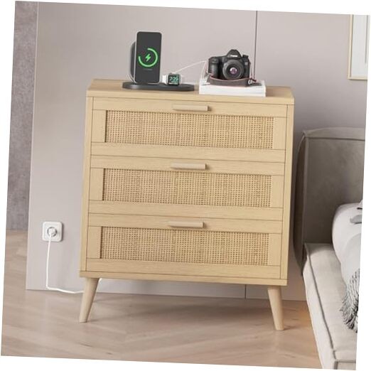 Rattan Nightstand with 3 Drawers and Built-In Charging Station  