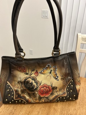 Leather hand painted large tote with embellishment by Biacci Couture Inc.   