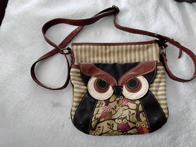 NWOT OWL FAUX CROSSBODY PURSE FEATURES A STRIPED CANVAS WHIMSICAL OWL...