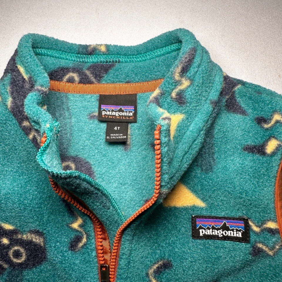 Chaleco Patagonia Synchilla Niños 4T Azul Vellón Ballena Pájaro Océano Estampado Borde Naranja Foto 2 de 4