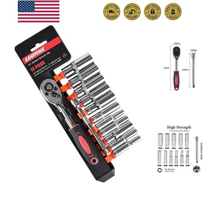 13PCS 1/4'' Drive Deep Socket Set,Metric4-14MM,6-Point, Cr-V Steel