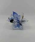 Murano Hand Blown Italian Art Glass Flower 6 Petal Flower Curley Stem Blue +