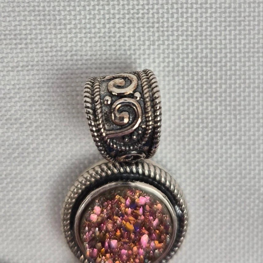 Vtg Pink Druzy Quartz Cross Pendant 2.5" x 1.75" Silver Tone Faith Statement - Image 2 of 4