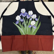 Vintage Liz Lauter Denim Apron Gardening Flower Irises 4 Pockets Signed Art USA