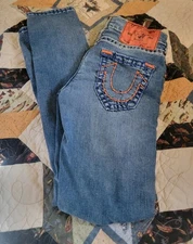 True Religion Men’s ROCCO Relaxed Skinny Jeans Blue Orange Stitching Size 28