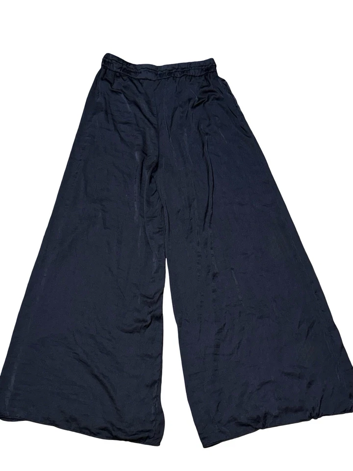Pantalones Zara de satén de pierna ancha para mujer L grandes negros cintura alta con cordón Foto 2 de 4