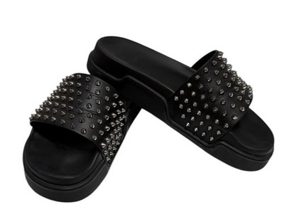 Iconic Christian Louboutin Black Studded Slides Leather Spike Sandals Designer