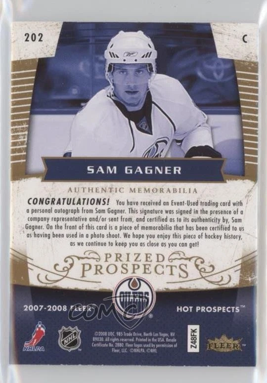 2007-08 Fleer Hot Prospects Prospect Red /25 Sam Gagner RPA Rookie Patch Auto RC - Image 2 of 2