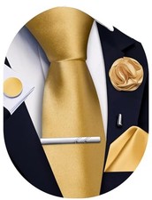 Solid Color Ties for Men Silk Satin Necktie and Pocket Square Cufflinks Gold