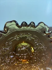 Vintage Imperial Glass Amber Windmill Scene Ruffled Crimped Edge Bowl Heavy Dish