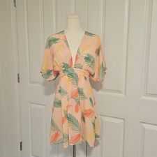 SHEIN Mini Dress Womens Medium Peach Tropical Palm Leaf Open Tie Back V-Neck