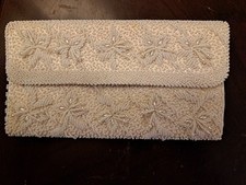 Vintage Beaded Sequin Off-White Evening Bag Clutch Made in Hong Kong