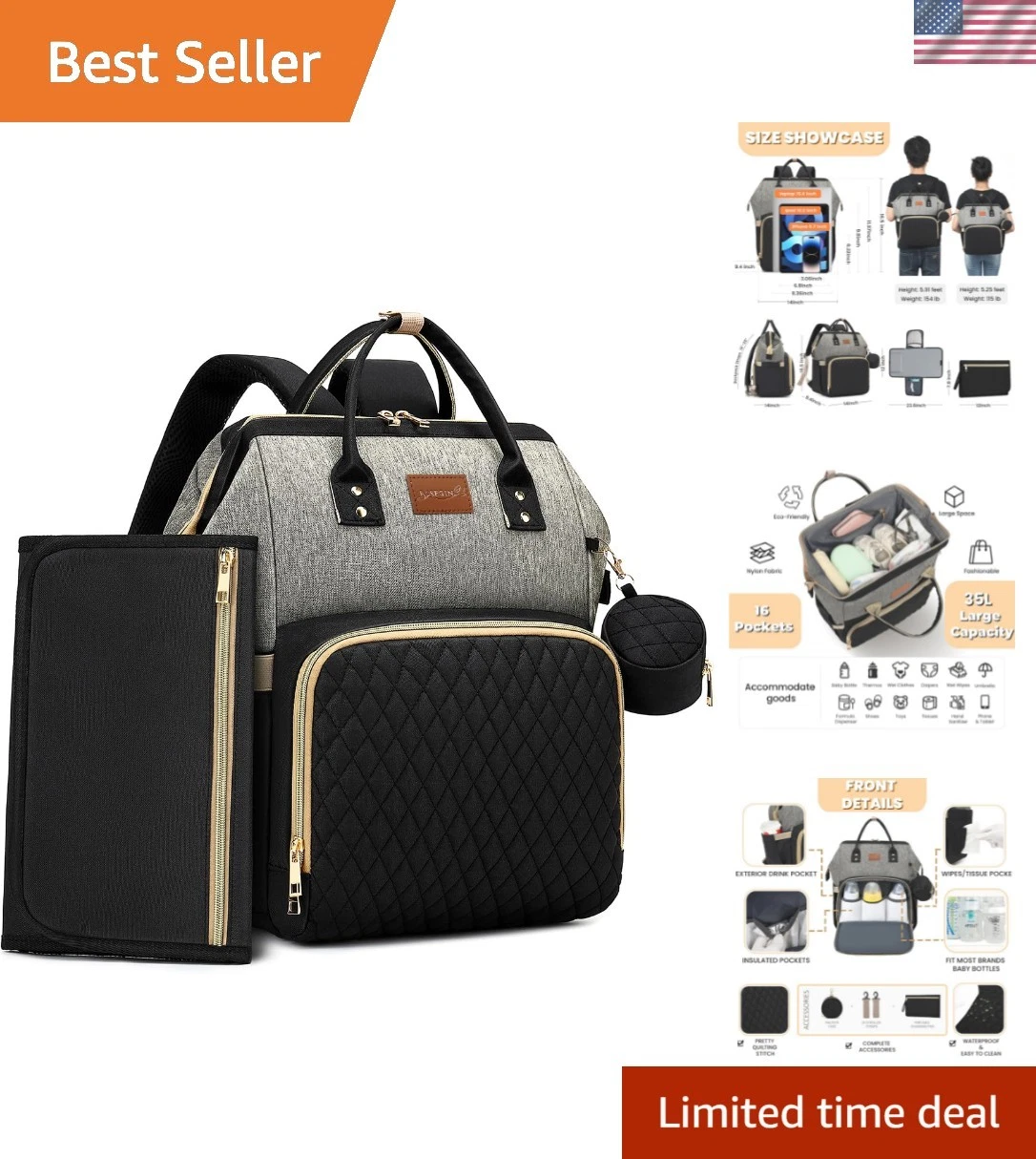 Versatile Travel Diaper Bag Backpack with Insulated Bottle Holders, Black Grey