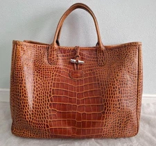 Longchamp Croco Embossed Brown Leather Tote Handbag