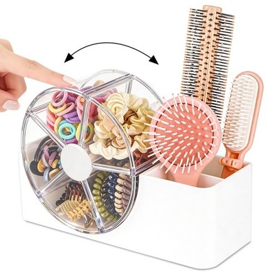 Hair Accessories Organizer with 5-Section Rotating Case | 2-Slot Comb & White 
