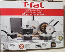 T-Fal 22 piece Kitchen Cookware Ceramic Non-Stick Pots Pans Oven Safe - Black