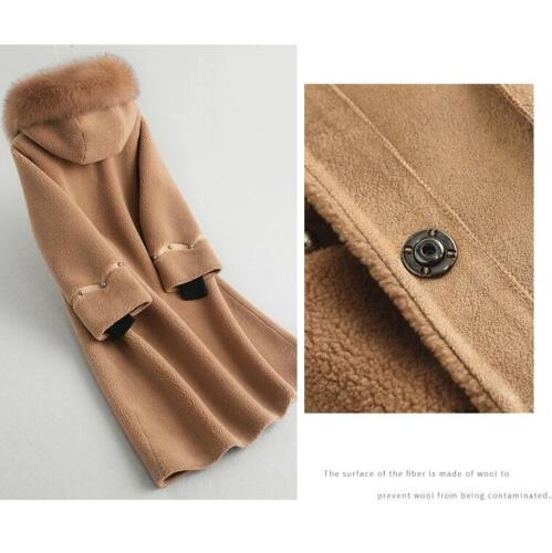 Mujeres 100 % lana cuello de piel de zorro con capucha abrigo chaquetas largas gruesas - Imagen 10 de 16