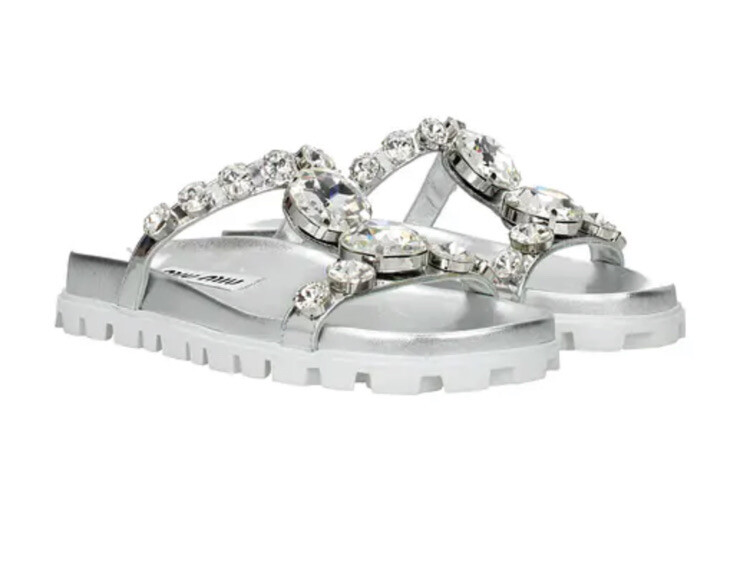 Miu Miu Silver Argentino Crystal Embellished Slides Leather