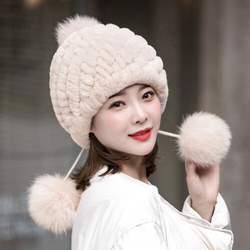 Womens Knitted Real Rex Rabbit Fur Hats With Fox Fur Pom Pom Ear Protection Caps - Picture 1 of 15