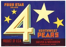 Original FOUR STAR pear crate label Driver & Woodrow Wenatchee WA no weight
