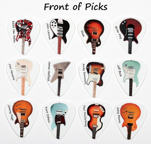 Tin of 12 Guitar Plectrums – Harmony Picks – Featuring 24 Famous Guitars – Premi - Picture 2 of 3