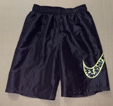Nike Boys XL Extra Large Swimsuit Trunks Black Green Logo Mesh Lined Back Pocket