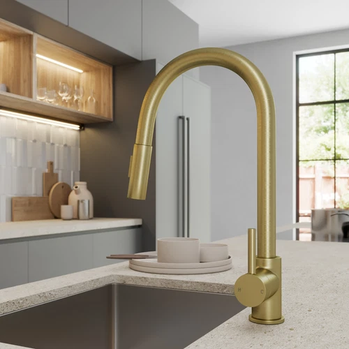 Pull Out Kitchen Mixer Tap Dual Spray Swivel Spout Single Lever Brushed Brass