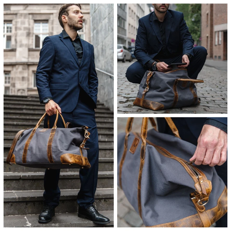 HANDMADE Travel Bag Mens Leather Canvas Weekender Womens Lightweight Large 50L - Image 2 of 4