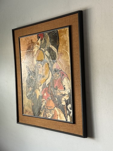 BARBARA LEADABRAND VINTAGE MODERN HORSE RACE JOCKEY COLLAGE OIL PAINTING OLD 68 - Picture 6 of 19