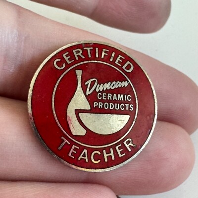 Vintage Duncan Ceramic Products Certified Teacher Enamel Lapel Pin Red Silver