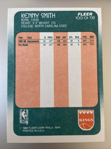 1988-89 Fleer Kenny Smith #100 Rookie RC - Picture 2 of 2